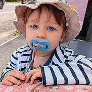 Owenn participe au concours pour gagner de l'argent avec cette photo : baby, blue_eyes, child, closeup, curious, cute, daylight, face, floral_pattern, hands, hat, jacket, outdoor, pacifier, person, resting, striped_clothing, sunlight, toddler, young_child