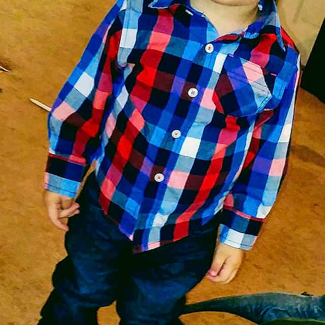 Jamisen joined the competition — help win amazing prizes! blue, boy, child, clothing, cool, day, design, footwear, fun, jeans, outerwear, pattern, person, plaid, play, product, smile, standing, tartan, textile