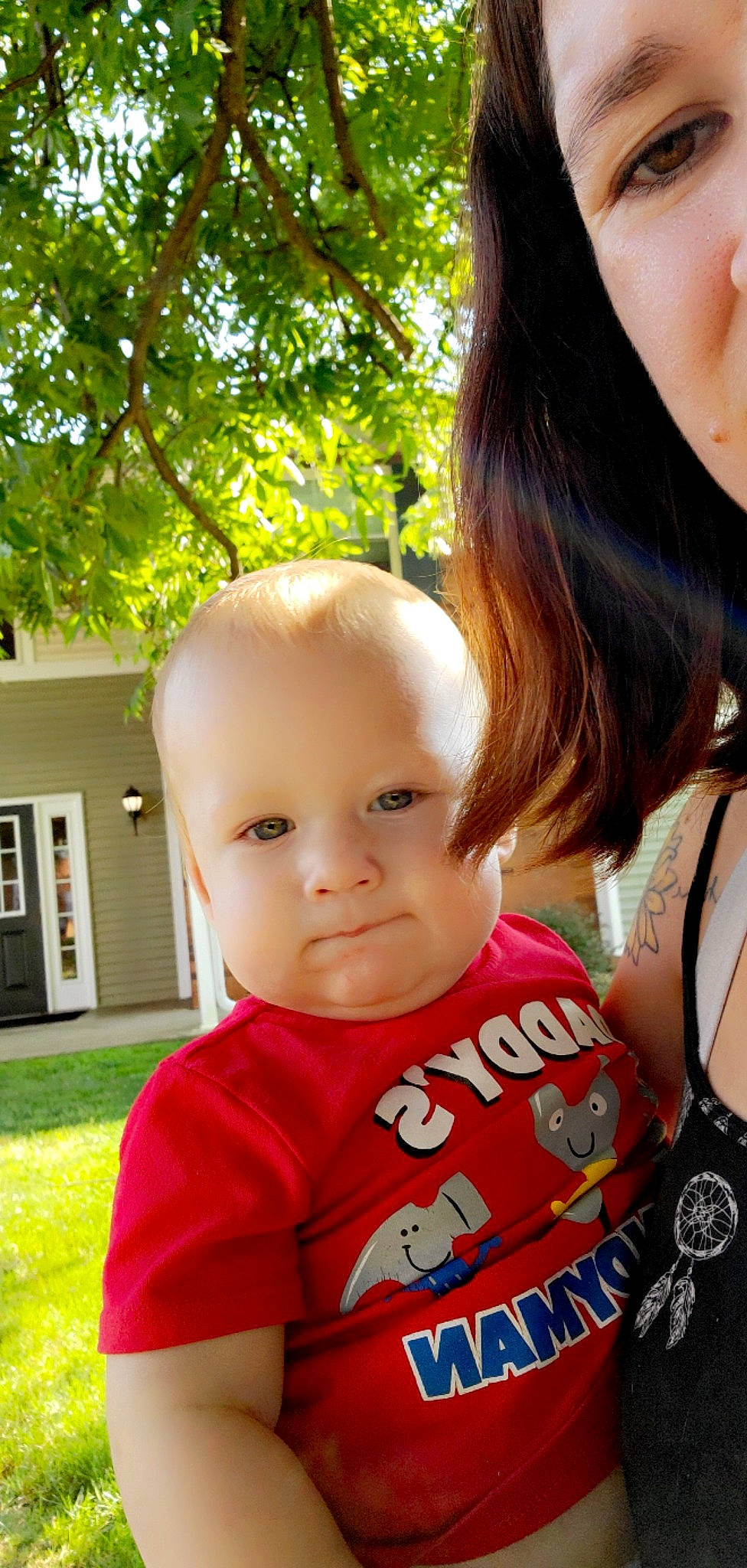 Hayden joined the competition — help win amazing prizes! baby, baby_toddler_clothing, child, door, fun, grass, happy, jewellery, leisure, people_in_nature, person, plant, recreation, sitting, skin, sleeve, t_shirt, toddler, tree, vacation