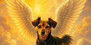 Snoopy participe au concours pour gagner de l'argent avec cette photo : dog, angel_wings, clouds, sunburst, rainbow, sky, golden_light, fluffy, majestic, collar, portrait, fantasy, glowing, cute, animal, heavenly, mythical, serene, peaceful, whimsical