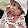 baby, child, hood, towel, pink, clothing, face, eyes, cute, portrait, infant, expression, skin, person, young, warm, soft, indoors, looking, adorable