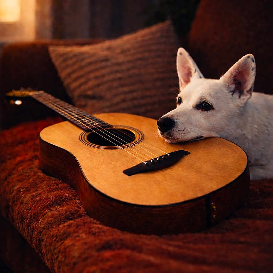 Olaf participe au concours pour gagner de l'argent avec cette photo : dog, white_dog, acoustic_guitar, instrument, couch, sofa, indoor, cozy, warm_lighting, portrait, pet, animal, pointed_ears, lying_down, relaxed, home, cushions, brown, music, photography
