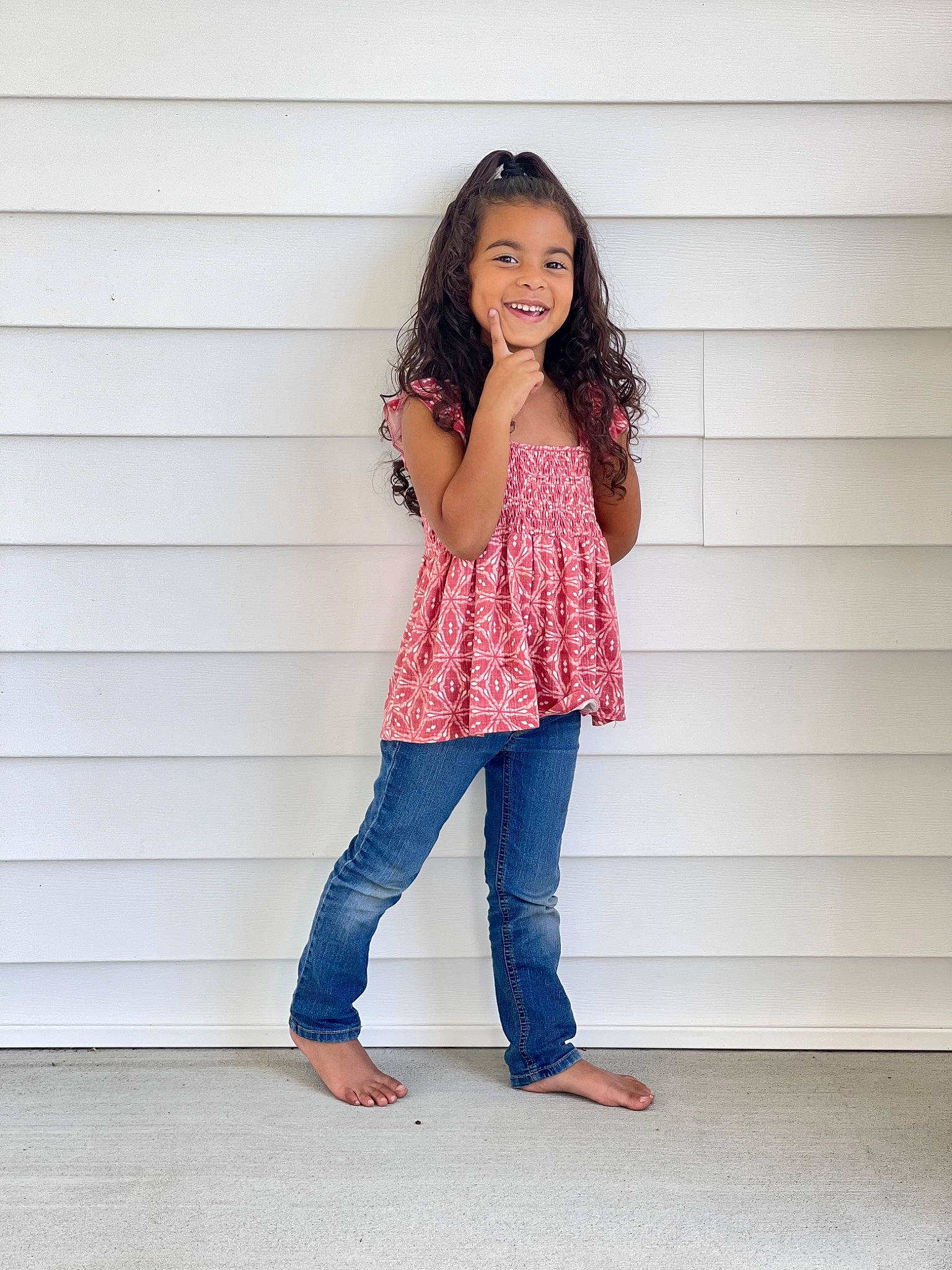 Jazlyn joined the competition — help win amazing prizes! barefoot, child, denim, electric_blue, fashion_design, fun, gesture, happy, human_leg, jeans, joy, knee, leg, magenta, pattern, person, shoulder, sleeve, smile, t_shirt