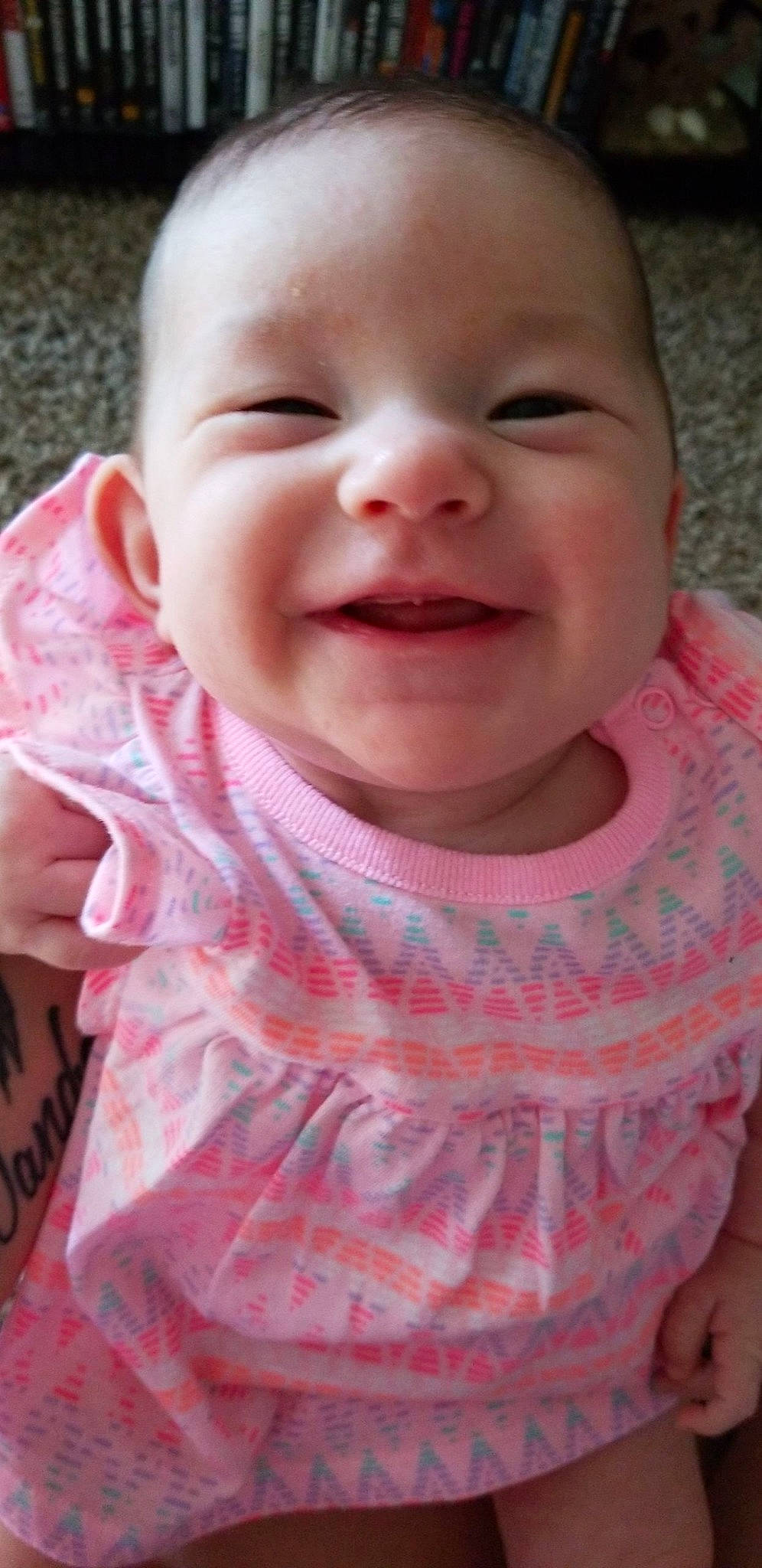 Addison is registered to the contest to win money with this photo: baby, baby_making_funny_faces, baby_toddler_clothing, cheek, child, chin, eye, face, facial_expression, forehead, head, iris, laugh, lip, mouth, nose, person, pink, skin, smile