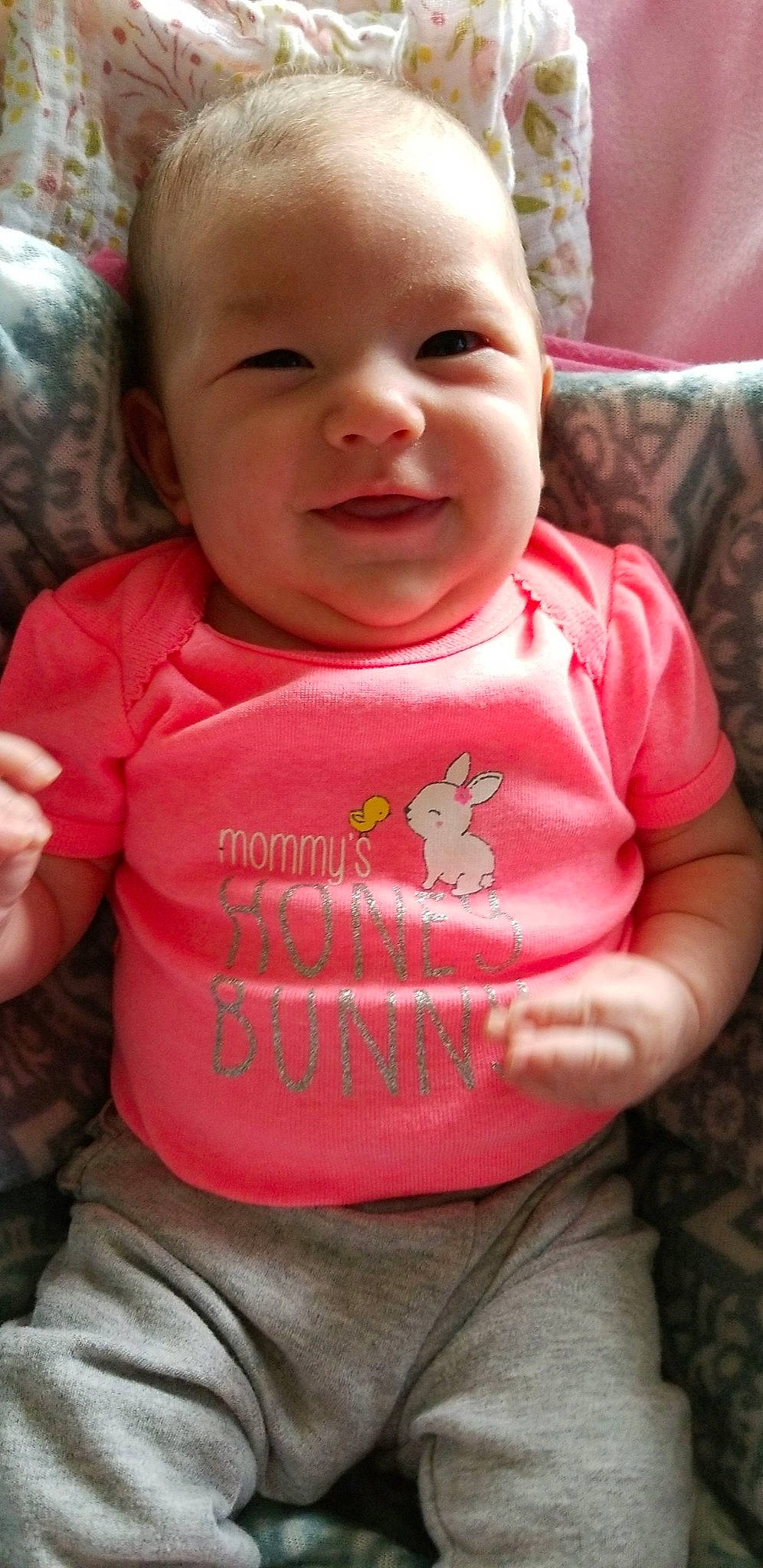 Addison is registered to the contest to win money with this photo: baby, baby_products, baby_toddler_clothing, cheek, child, lip, person, pink, product, skin, smile, toddler