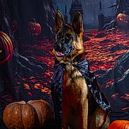 Ava participe au concours pour gagner de l'argent avec cette photo : dog, german_shepherd, costume, vampire_cape, halloween, pumpkin, spooky, forest, night, portrait, animal, pet, black_background, orange, ears, fur, sitting, dark, decoration