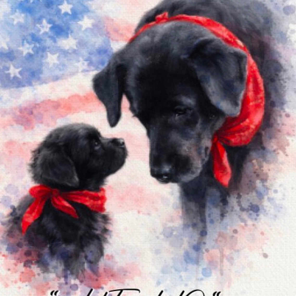 Billy. Bart joined the competition — help win amazing prizes! american_flag, animal, art, bandana, black_dog, canvas_texture, cute, decorative, dog, face, flag_background, illustration, looking, painting, pet, portrait, red_bandana, text_overlay, two_dogs, watercolor
