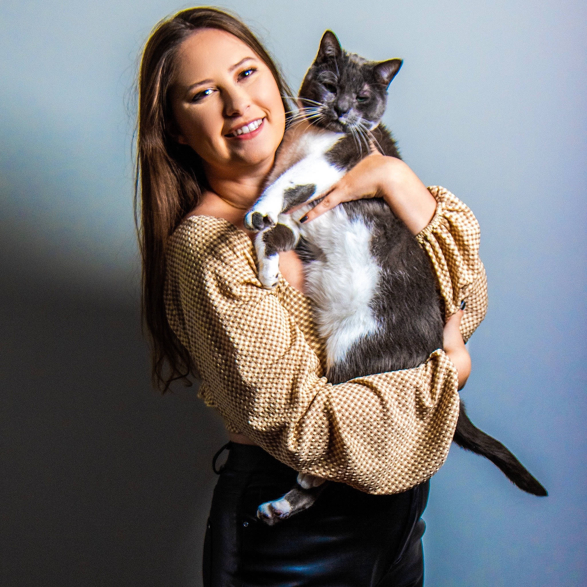Grayson joined the competition — help win amazing prizes! black_hair, brown_hair, carnivore, cat, comfort, eyewear, fashion_design, fawn, felidae, flash_photography, formal_wear, fur, gesture, happy, iris, long_hair, small_to_medium_sized_cats, smile, thigh, whiskers