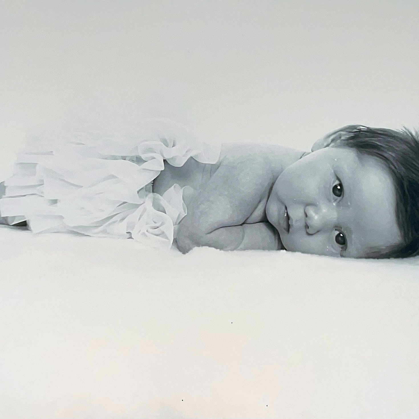 Dolly joined the competition — help win amazing prizes! baby, black_and_white, child, cute, expression, eyes, face, frilly_clothing, hair, infant, lying_down, monochrome, newborn, peaceful, portrait, pose, skin, soft_texture, studio_photo, toddler