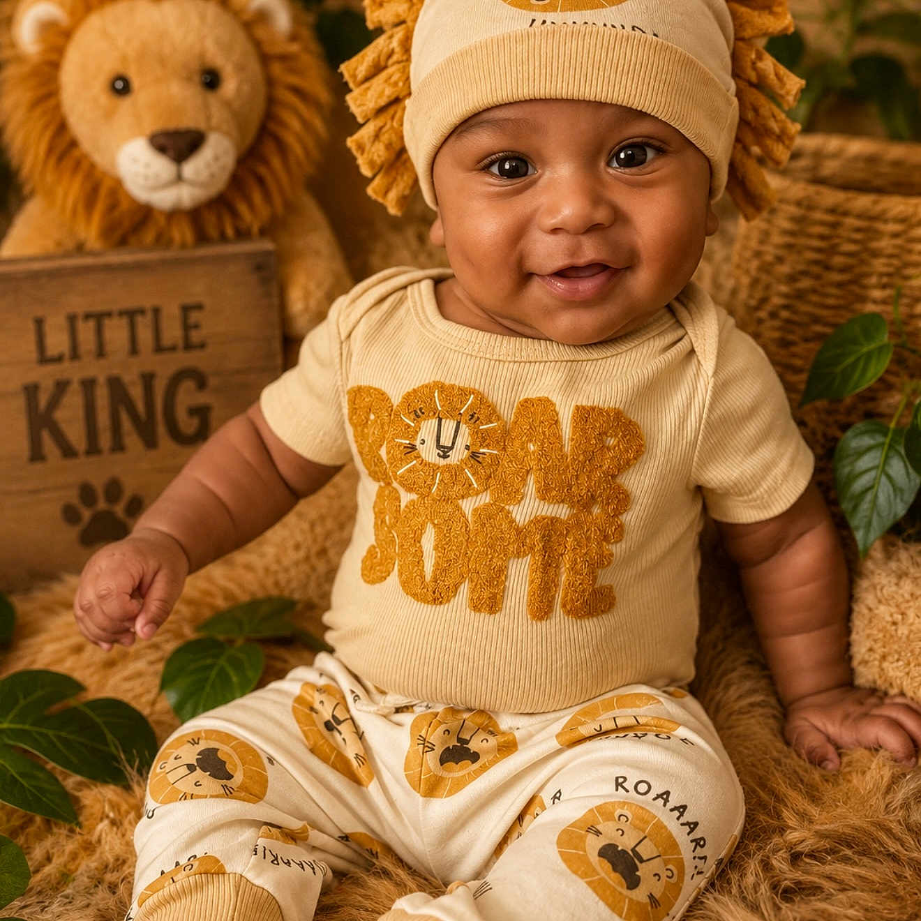 Kayceon is registered to the contest to win money with this photo: baby, child, smiling, lion_hat, lion_print, plush_toy, stuffed_animal, wooden_sign, text, green_leaves, furry_surface, indoor, cute, portrait, sitting, clothing, infant, face, happy, cozy