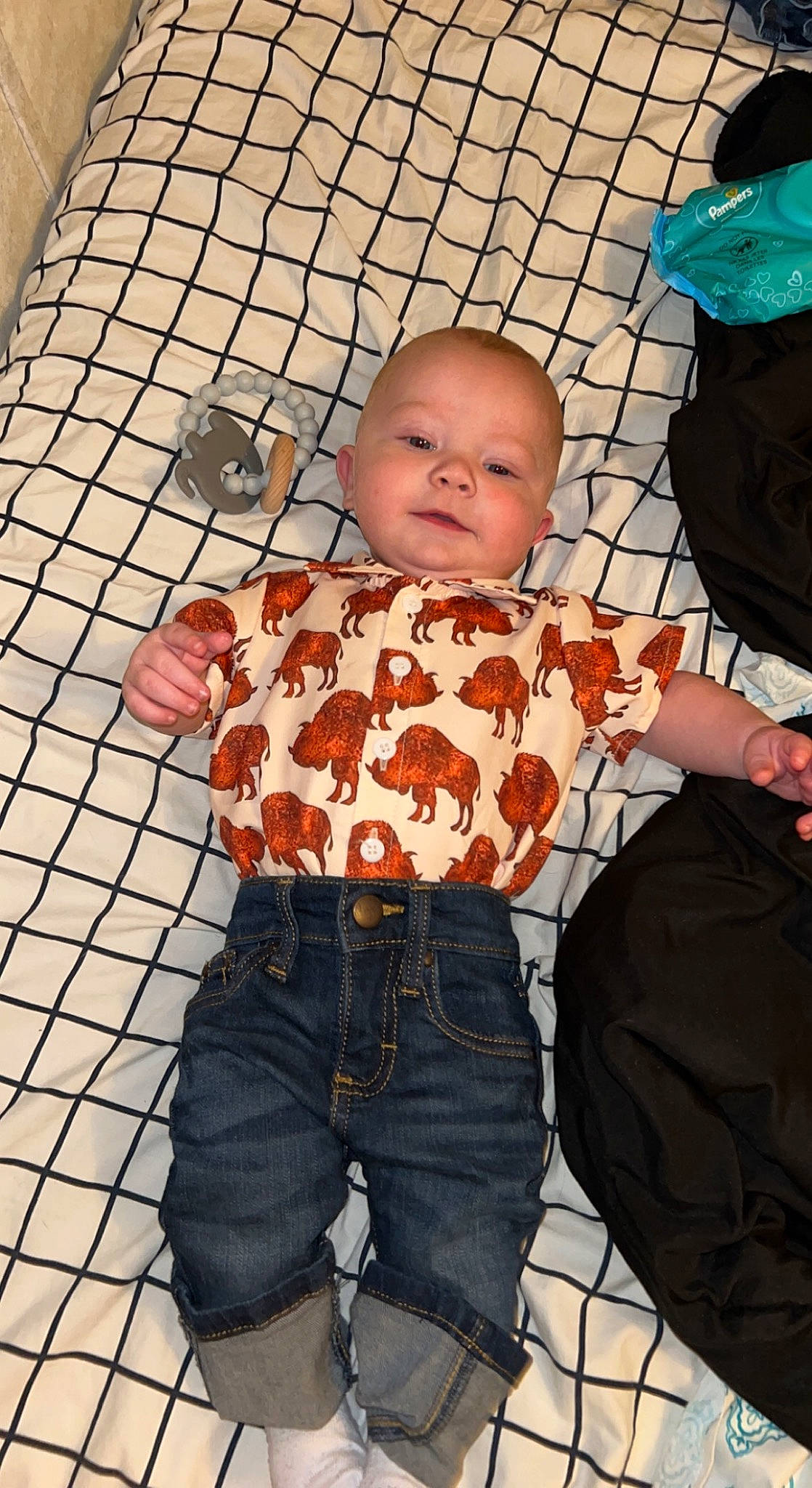 Reed joined the competition — help win amazing prizes! baby, baby_products, baby_toddler_clothing, belt, cheek, child, denim, flooring, fun, happy, human_body, jeans, mouth, outerwear, pattern, person, sitting, sleeve, smile, t_shirt