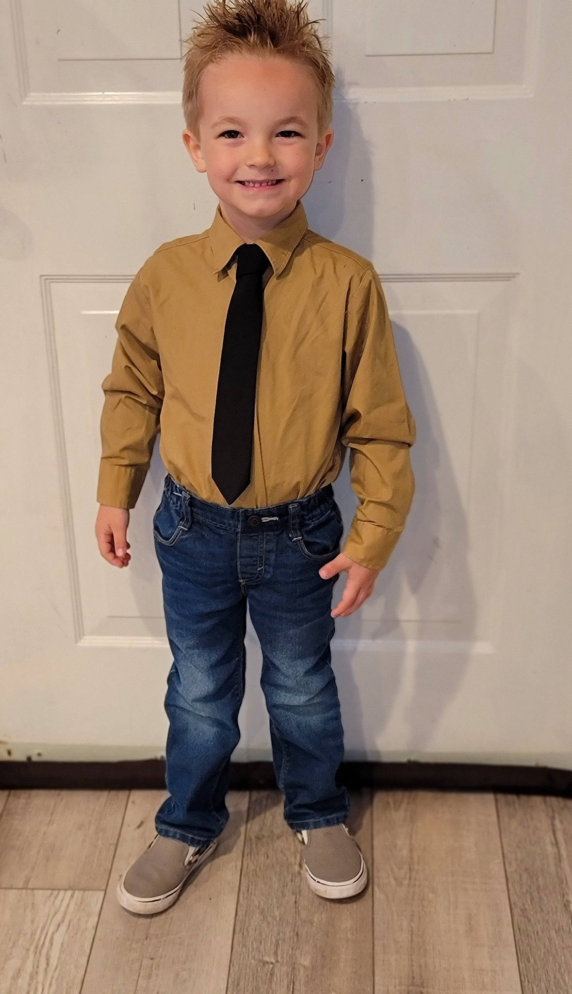 Axton joined the competition — help win amazing prizes! blazer, button, clothing, collar, denim, dress_shirt, electric_blue, fashion_design, flooring, formal_wear, happy, jeans, joy, person, pocket, sleeve, smile, t_shirt, tie, toddler