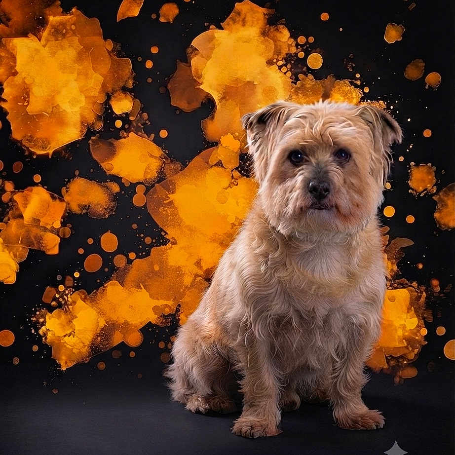 Caramel a rejoint le concours — aidez-le/la à gagner de superbes lots ! dog, canine, pet, sitting, portrait, scruffy, shaggy, wire_haired, brown_fur, tan_fur, floppy_ears, dark_background, orange_splashes, abstract_art, studio, dramatic_lighting, centered_subject, animal, four_legged, digital_art