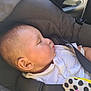 baby, car_seat, sleeping, child, toy, seatbelt, infant, car_interior, side_profile, clothing, white_shirt, peaceful, daylight, safety, cute, hand, polka_dot, colorful, closeup, transportation