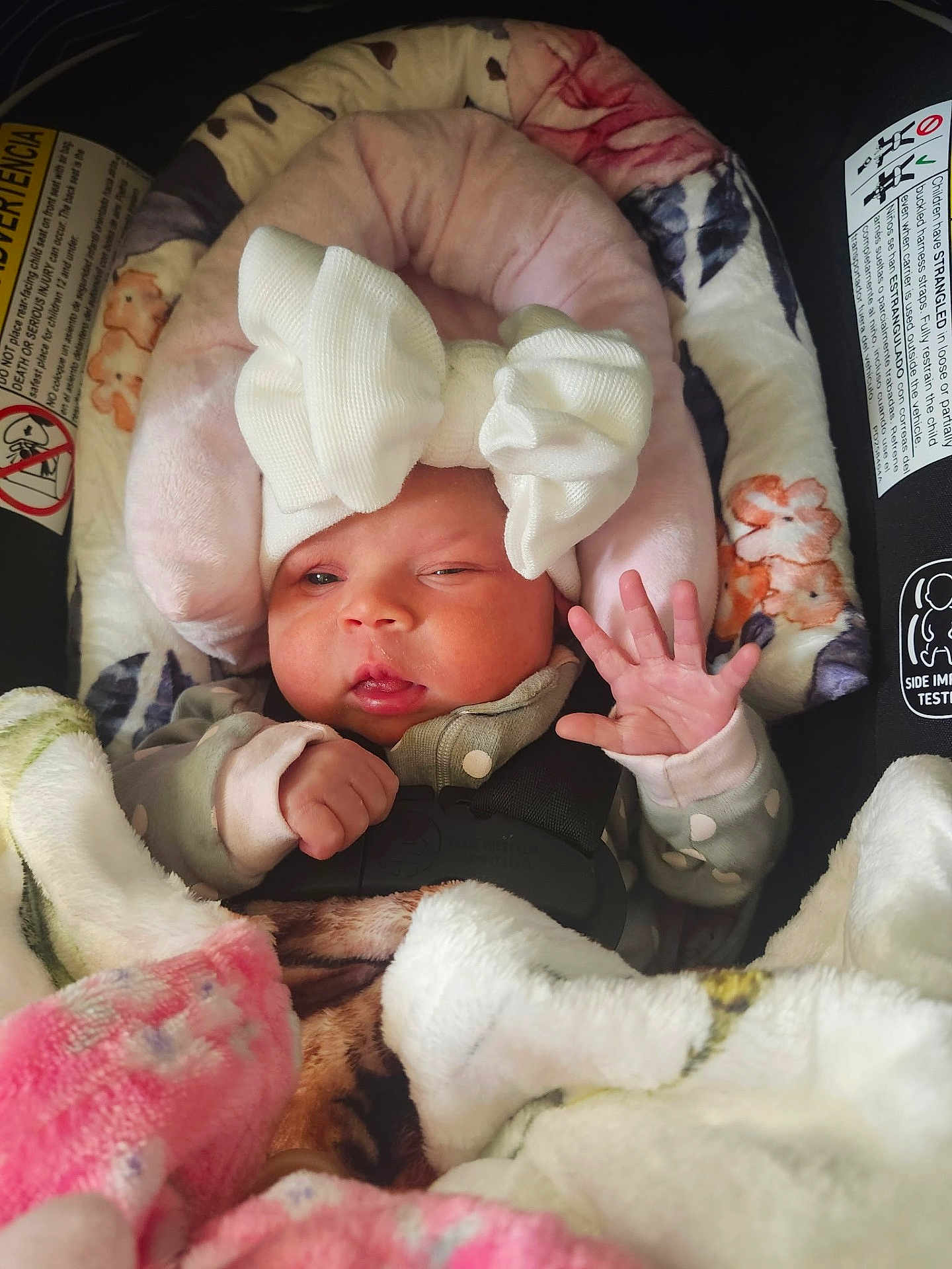 Raynelynn is registered to the contest to win money with this photo: baby, newborn, infant, bow, headwrap, car_seat, blanket, swaddle, hand, tiny_hand, face, eyes, lips, harness, seatbelt, cozy, pink, floral, plush, portrait