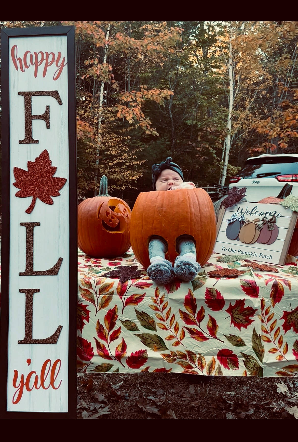 Addalynn is registered to the contest to win money with this photo: art, automotive_design, automotive_exterior, bedding, calabaza, car, classic, couch, font, grass, hat, headwear, landscape, leisure, linens, motor_vehicle, person, plant, pumpkin, tree
