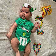 Milana минасян a rejoint le concours — aidez-le/la à gagner de superbes lots ! baby, infant, onesie, green_clothing, m&m, candy, m&m_candies, heart_shape, number_two, headband, flower, gift_box, blanket, lying_down, colorful, cute, holiday, portrait, child, soft_texture
