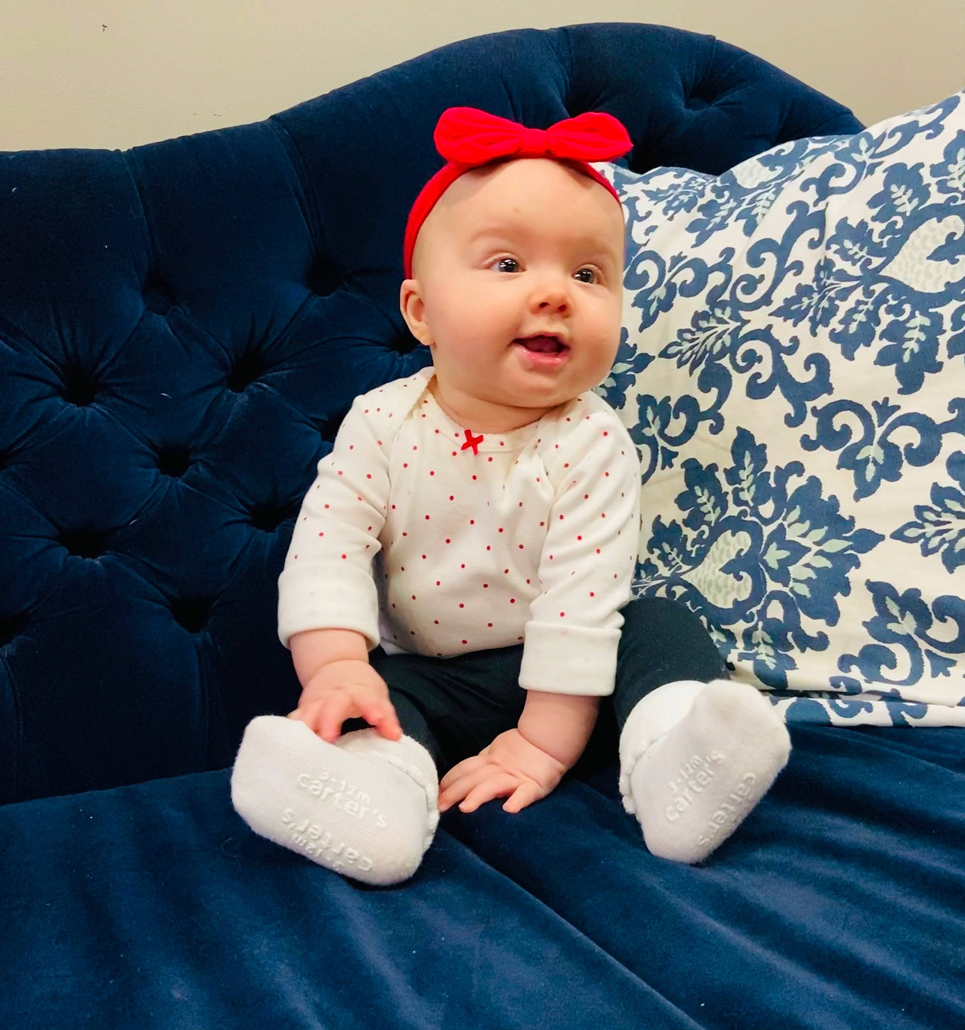 Atley joined the competition — help win amazing prizes! arm, baby, baby_toddler_clothing, child, collar, comfort, costume_hat, couch, eye, happy, head, headgear, knee, linens, pattern, person, skin, sleeve, smile, textile