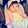 Kassandra is registered to the contest to win money with this photo: baby, infant, child, car_seat, headband, bow, pink_cardigan, dress, lemon_pattern, yellow, striped_shirt, curly_hair, hand, face, eyes, cute, indoors, seat_belt, sitting, portrait