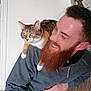 Choupie a rejoint le concours — aidez-le/la à gagner de superbes lots ! animal, beard, bouquet, calico_cat, casual_clothing, cat, flowers, friendship, happy, human, indoor, man, pet, portrait, relaxed, seated, shoulder, smiling, table, wood