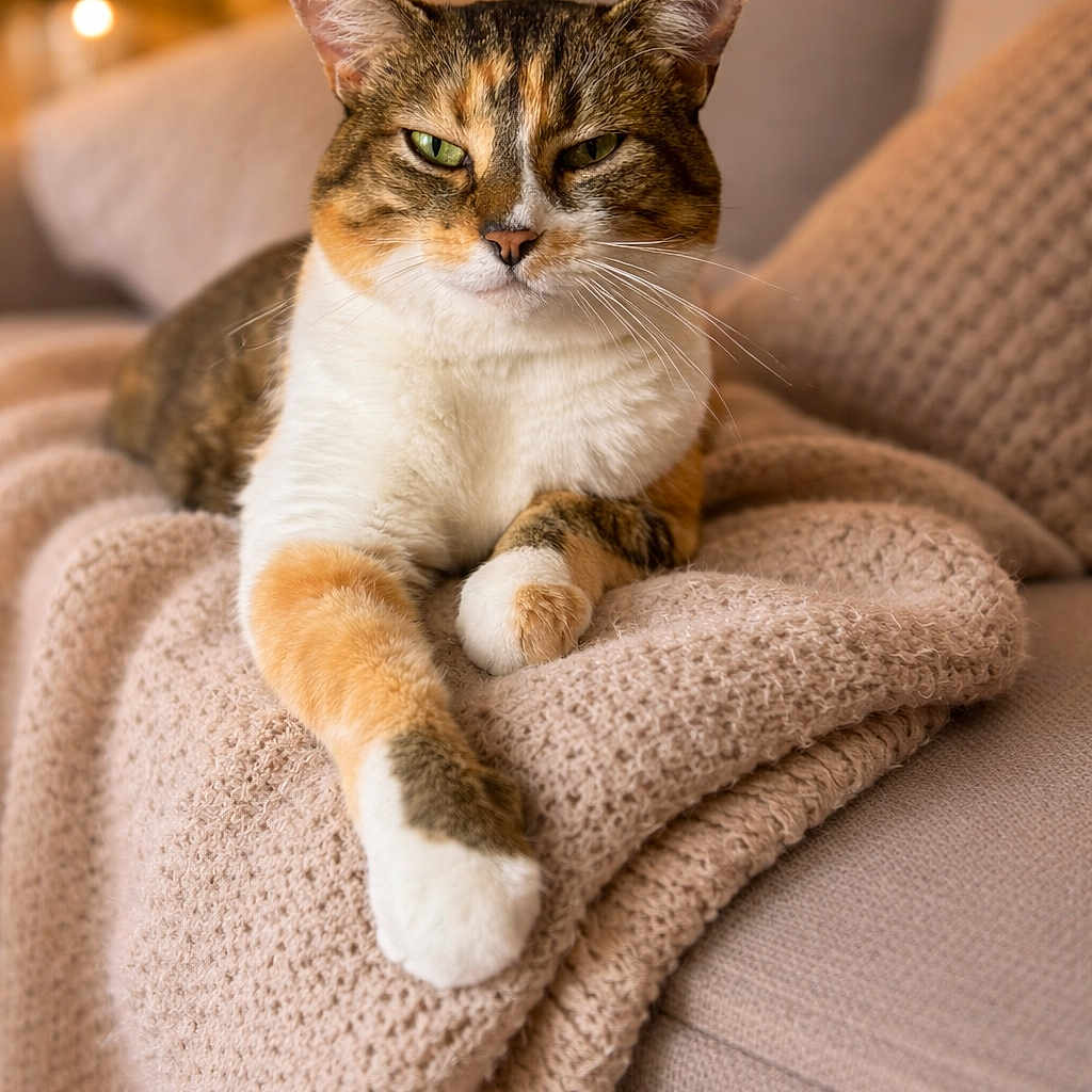 Choupie a rejoint le concours — aidez-le/la à gagner de superbes lots ! animal, blanket, calico, cat, closeup, couch, cozy, feline, focus, fur, home, indoor, knitted, paw, pet, relaxed, resting, sofa, warm_lighting, whiskers