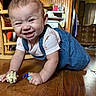 Mavis is registered to the contest to win money with this photo: baby, child, infant, smiling, laughing, crawling, portrait, face, indoor, home, wooden_floor, wood_paneling, dress, denim, toy, playful, happy, furniture, warm_lighting, photography