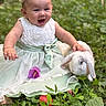 baby, child, infant, smiling, happy, portrait, outdoor, garden, nature, grass, greenery, dress, white_dress, mint_green, hair_bow, earrings, rabbit, bunny, floppy_ears, flower