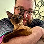 Bellatrix is registered to the contest to win money with this photo: affection, arm, beard, blue_eyes, brown_cat, casual_clothing, cat, clock, closeup, decor, glasses, hugging, human, indoor, man, pet, portrait, smile, wall, window