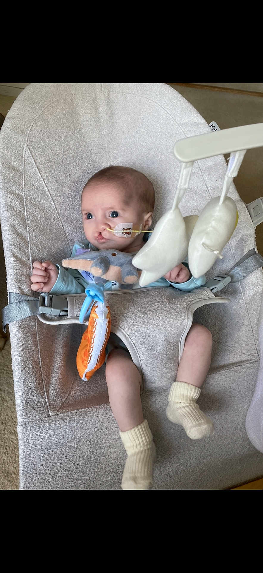 Albie is registered to the contest to win money with this photo: baby, infant, bouncer, soft_toys, socks, medical_tube, indoors, child, cute, seated, fabric, toy, baby_clothes, human, young_child, comfort, expression, looking_away, baby_seat, carpet