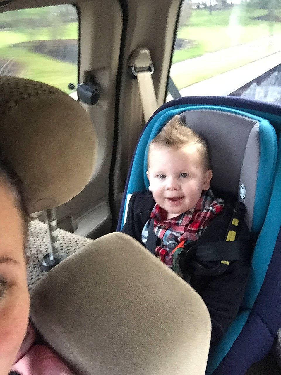 Hunter joined the competition — help win amazing prizes! auto_part, baby, baby_in_car_seat, car, car_seat, car_seat_cover, child, head_restraint, passenger, person, seat_belt, toddler, vehicle