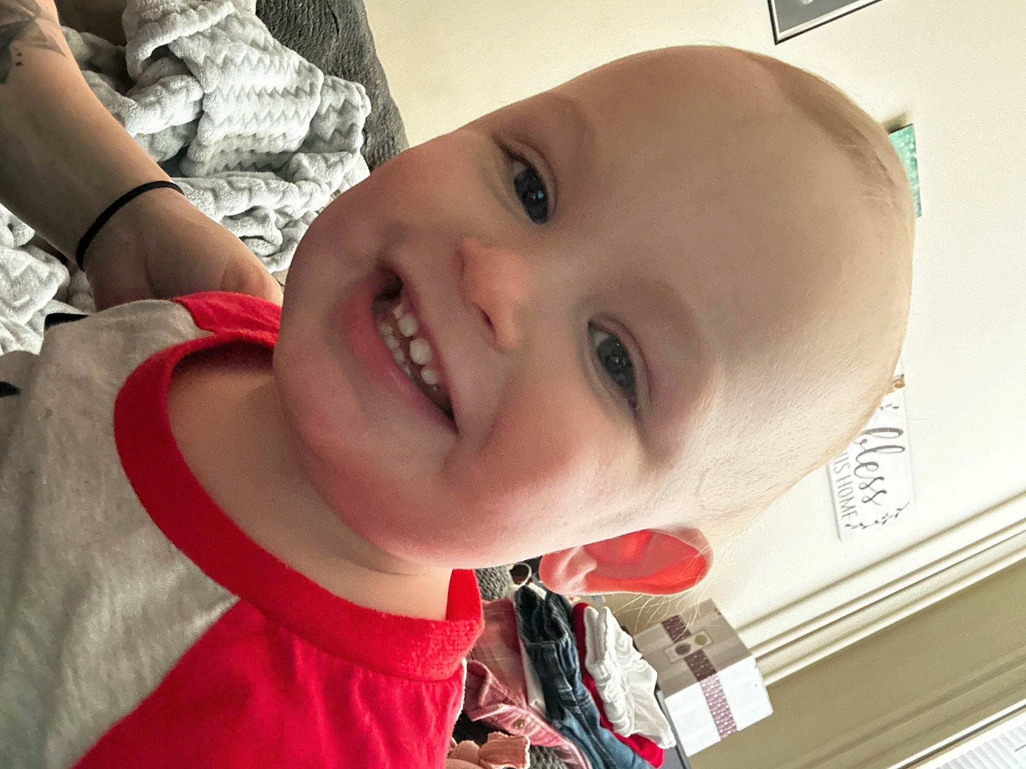 Micah is registered to the contest to win money with this photo: baby, baby_laughing, baby_toddler_clothing, cheek, eyebrow, eyelash, fun, gesture, happy, iris, jaw, joy, lip, mouth, neck, nose, person, skin, smile, toddler