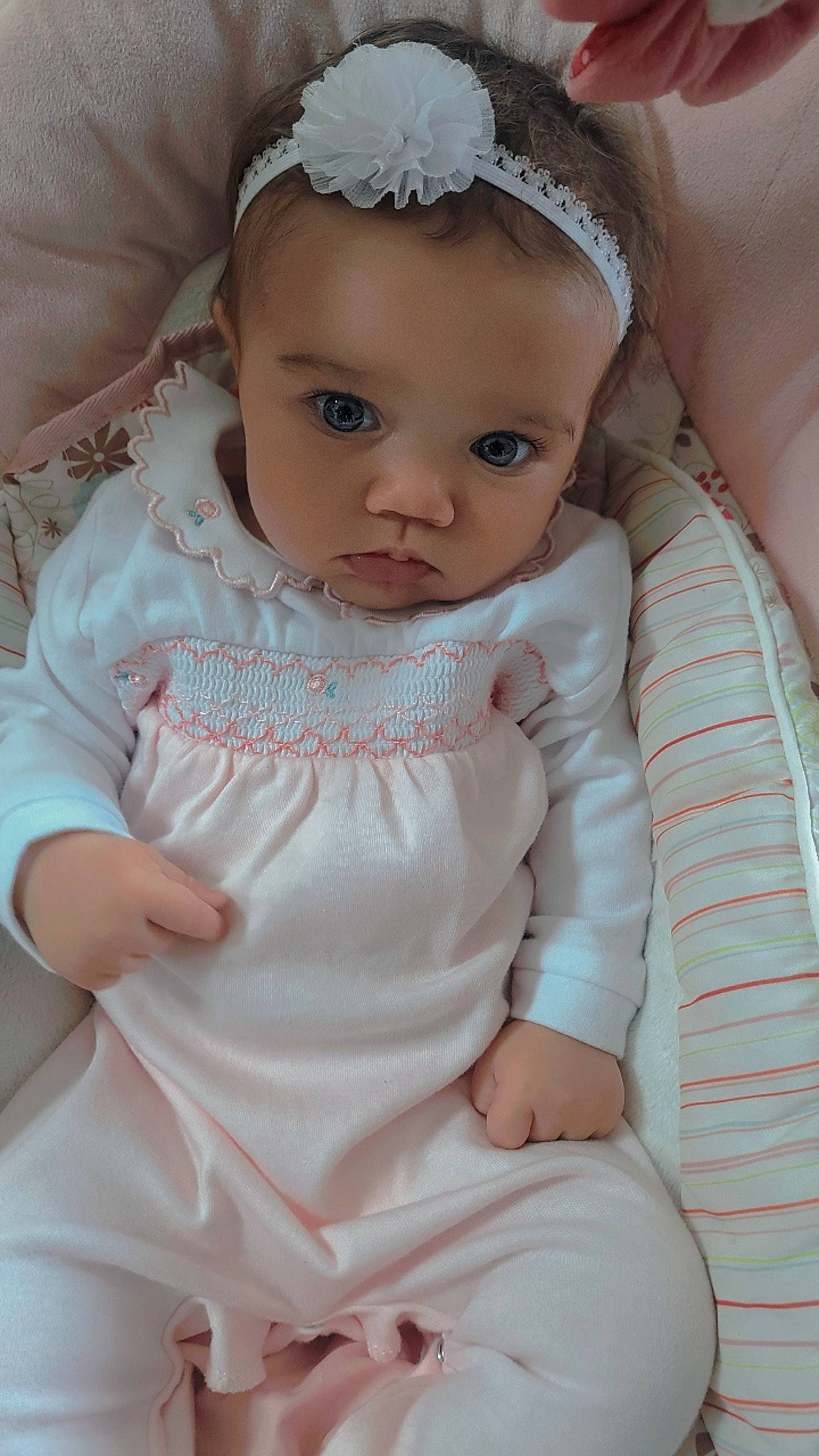 Kandace joined the competition — help win amazing prizes! baby, baby_toddler_clothing, bridal_accessory, cheek, child, dress, embellishment, eyelash, finger, headpiece, iris, lip, one_piece_garment, pattern, person, pink, skin, sleeve, textile, toddler