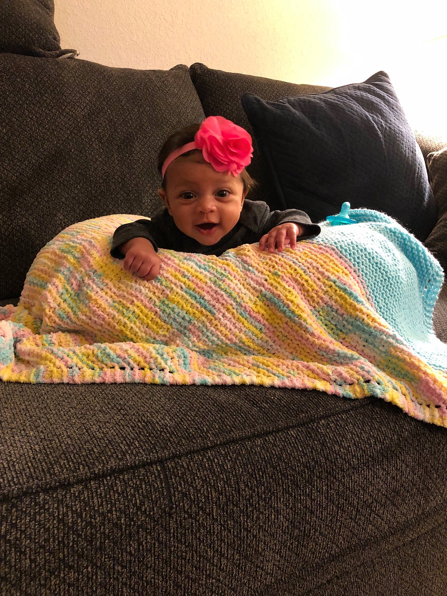 Ja Nylah joined the competition — help win amazing prizes! baby, blanket, child, knitting, linens, person, textile, toddler, wool