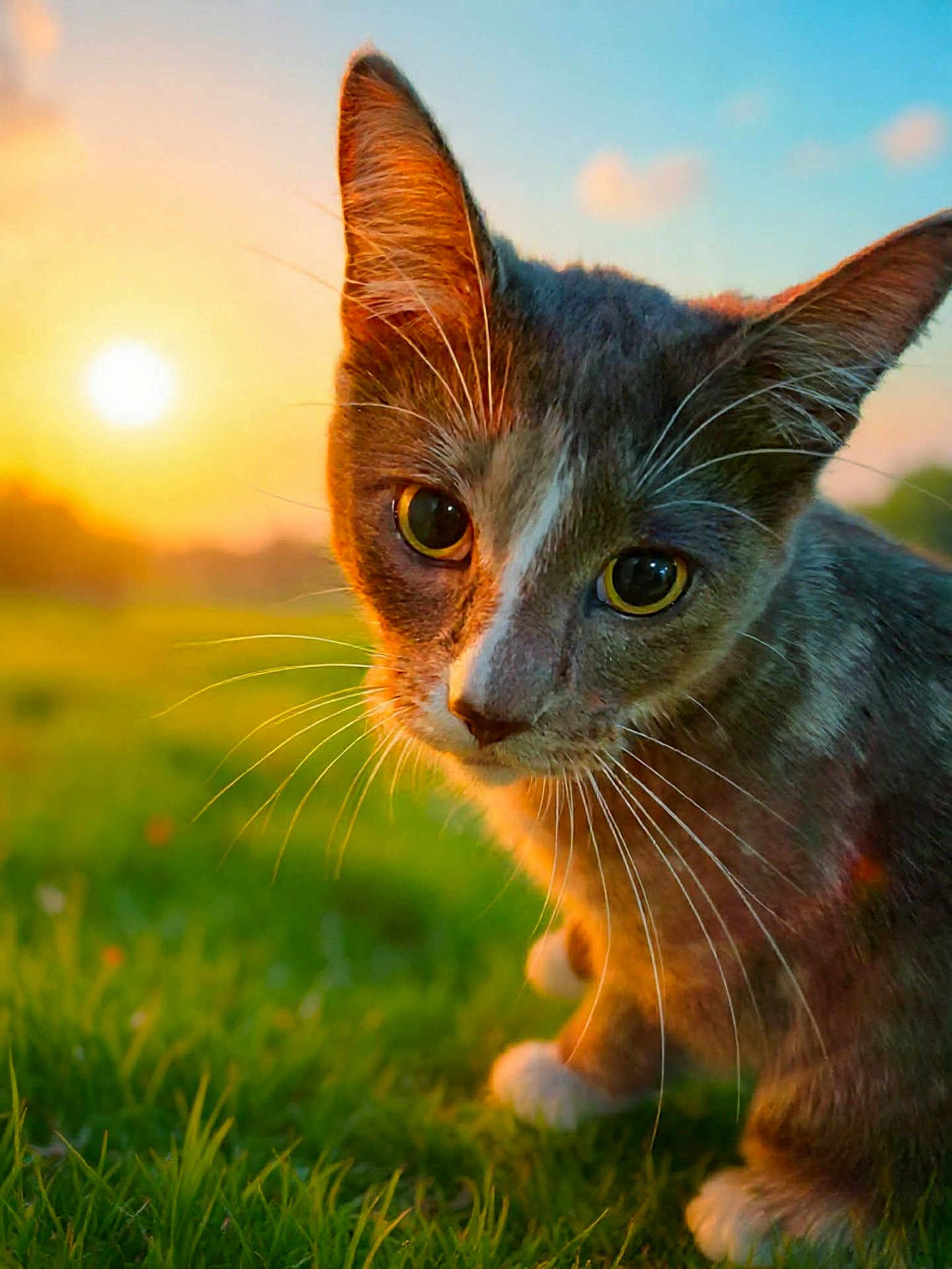 Trixie Mae joined the competition — help win amazing prizes! cat, kitten, whiskers, sunset, grass, outdoor, nature, portrait, close_up, green_grass, golden_hour, ears, yellow_eyes, pet, field, warm_light, sun, animal, fur, playful