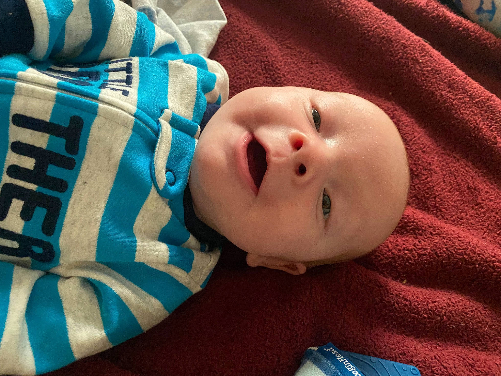 Bentley joined the competition — help win amazing prizes! baby, baby_toddler_clothing, blue, cheek, child, comfort, electric_blue, nose, pattern, person, room, skin, sleeve, toddler