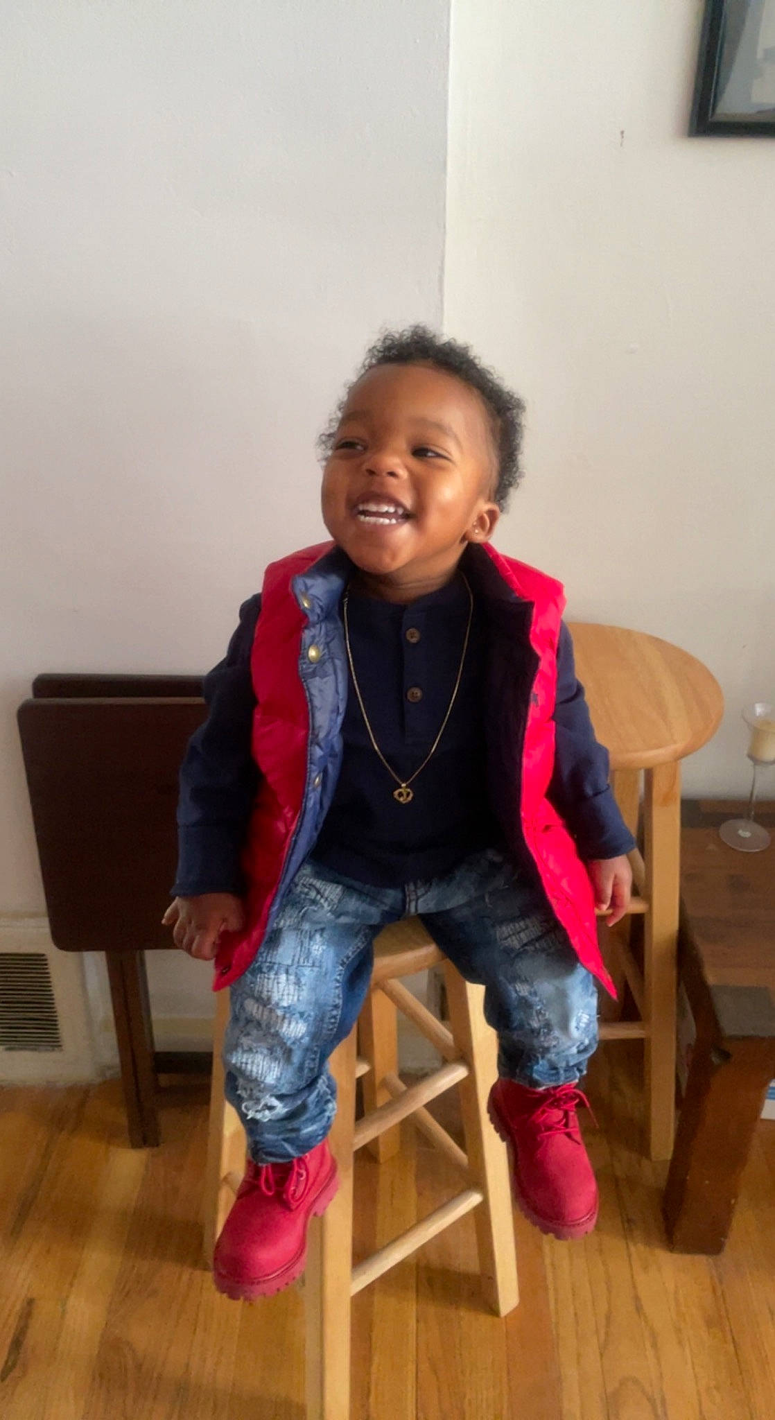 Deuce joined the competition — help win amazing prizes! baby_toddler_clothing, chair, child, denim, flooring, fun, furniture, happy, hardwood, head, jewellery, joy, knee, person, sitting, sleeve, smile, standing, textile, thigh