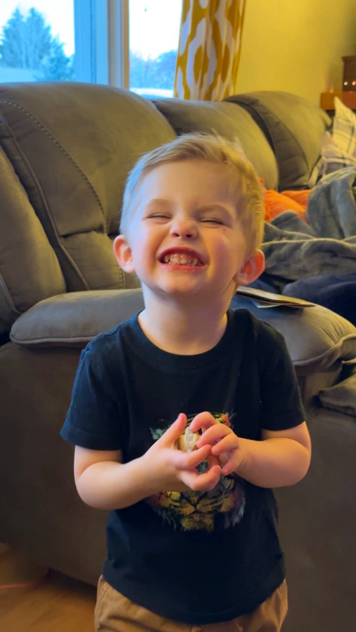 Kai joined the competition — help win amazing prizes! cheek, child, comfort, couch, finger, fun, happy, iris, joy, mouth, nose, person, sitting, skin, sleeve, smile, standing, summer, t_shirt, thumb