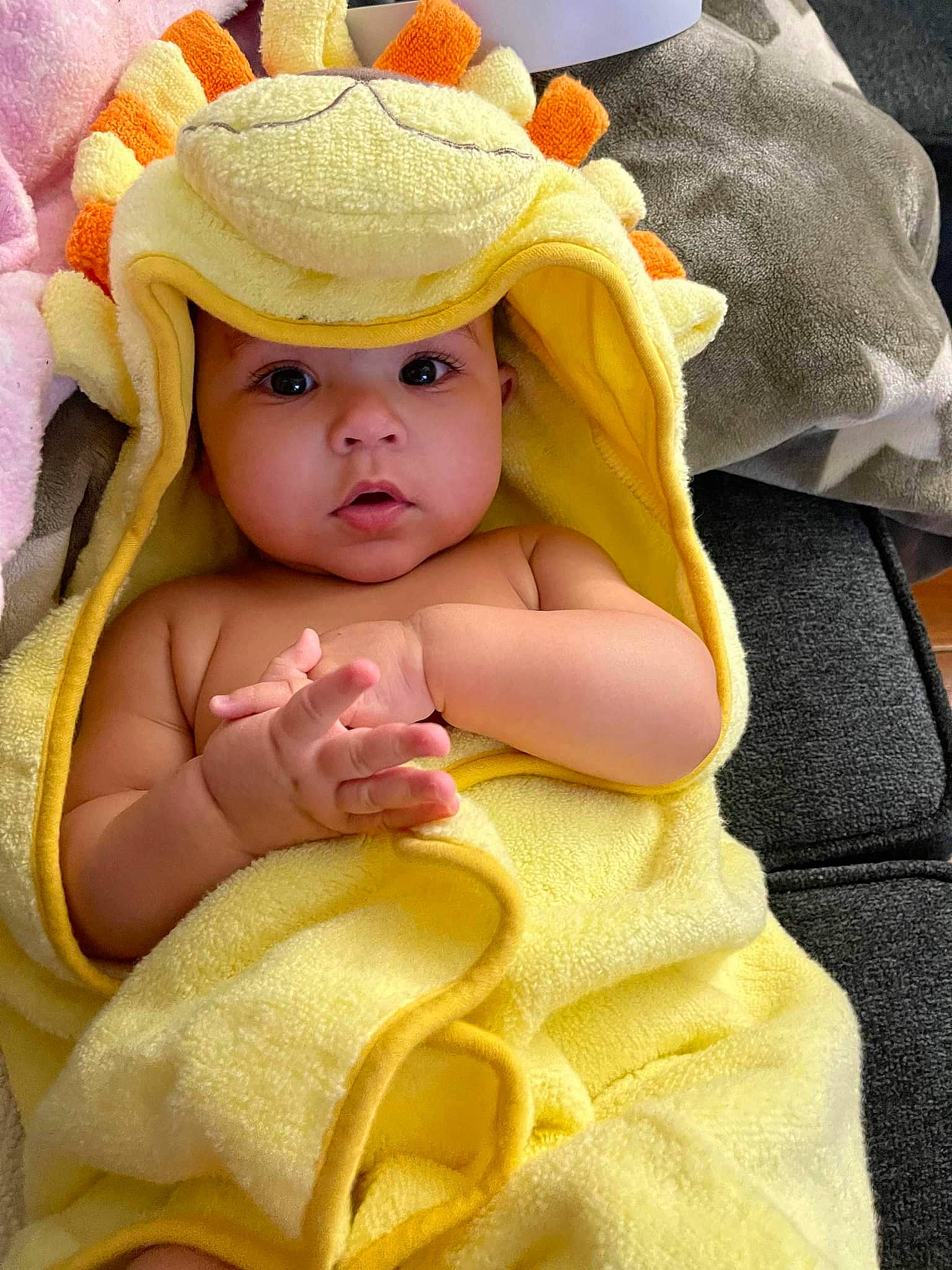 Aubrielle joined the competition — help win amazing prizes! baby, baby_products, baby_sleeping, baby_toddler_clothing, cap, child, comfort, face, fun, happy, hat, headgear, headwear, linens, peach, person, pink, skin, sun_hat, textile