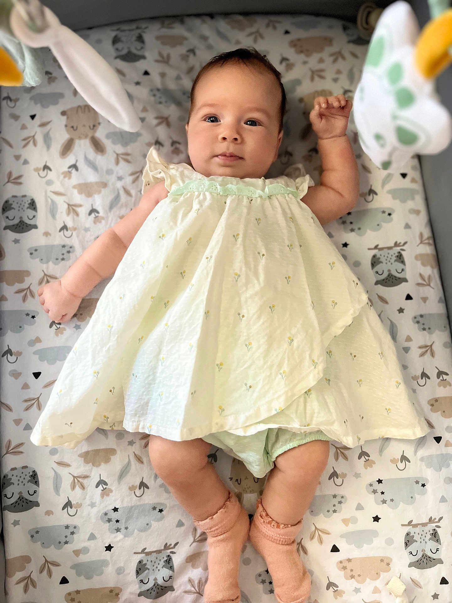 Alba a rejoint le concours — aidez-le/la à gagner de superbes lots ! adorable, baby, baby_arms, baby_clothing, baby_legs, blanket, child, cute, dress, indoors, infant, infant_face, lying_down, owl, pattern, portrait, sleeping_area, socks, soft_lighting, young_child