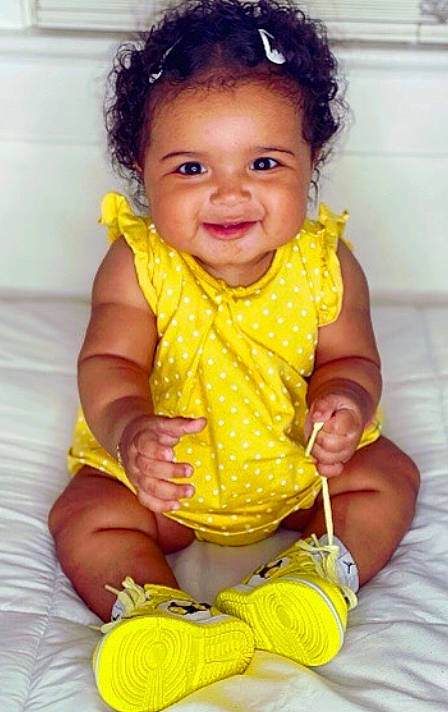 Elani joined the competition — help win amazing prizes! arm, baby_toddler_clothing, cheek, eye, face, facial_expression, finger, green, hair, hand, head, iris, joy, leg, nose, organ, person, photograph, skin, smile