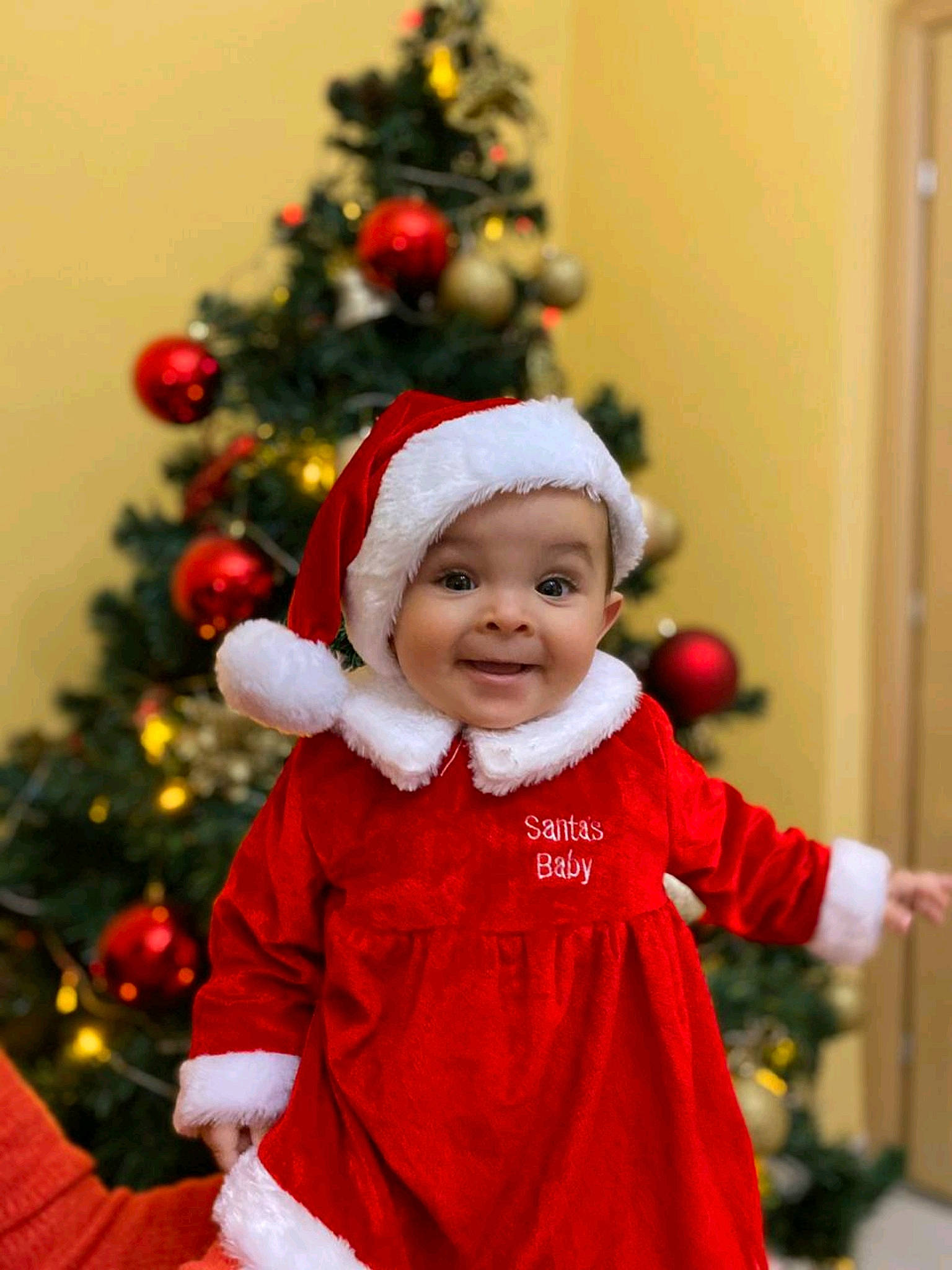 Emilie is registered to the contest to win money with this photo: child, christmas, christmas_decoration, christmas_eve, christmas_ornament, christmas_tree, conifer, event, fictional_character, fir, headwear, holiday, holiday_ornament, interior_design, joy, person, plant, santa_claus, smile, toddler