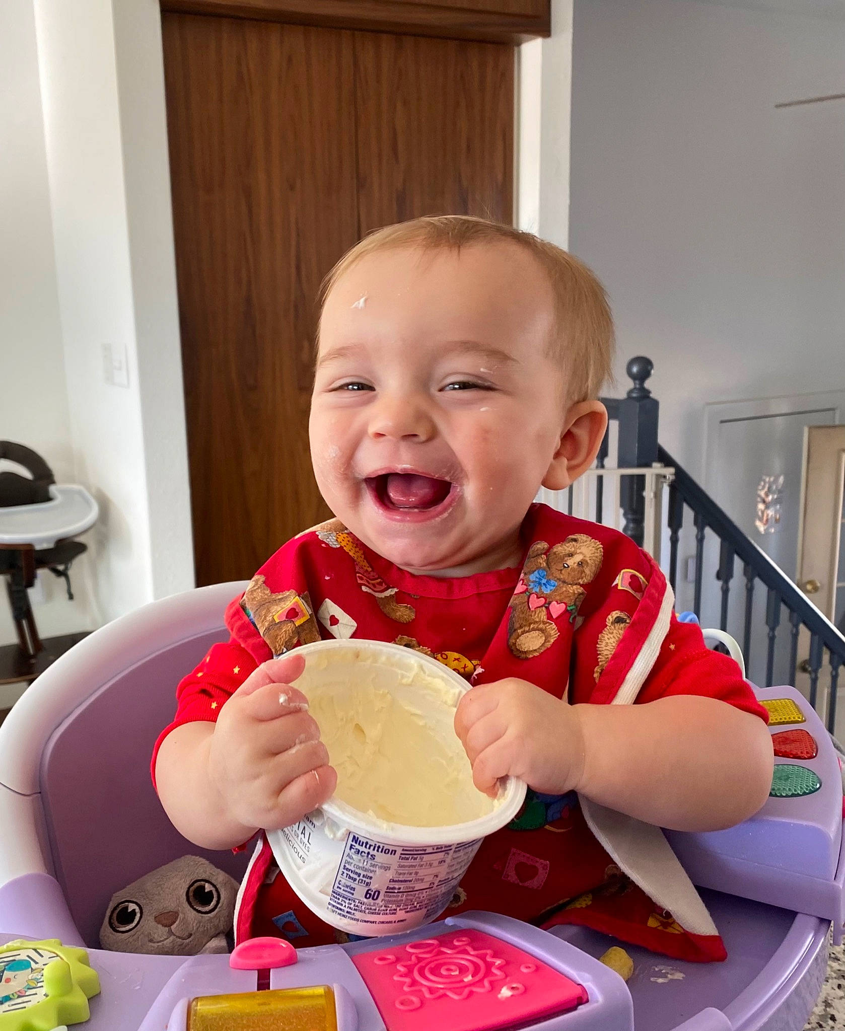 Ansley joined the competition — help win amazing prizes! baby, baby_food, baby_toddler_clothing, chair, child, cuisine, dish, drinkware, facial_expression, food, food_craving, happy, junk_food, people, person, plate, smile, sweetness, t_shirt, tableware