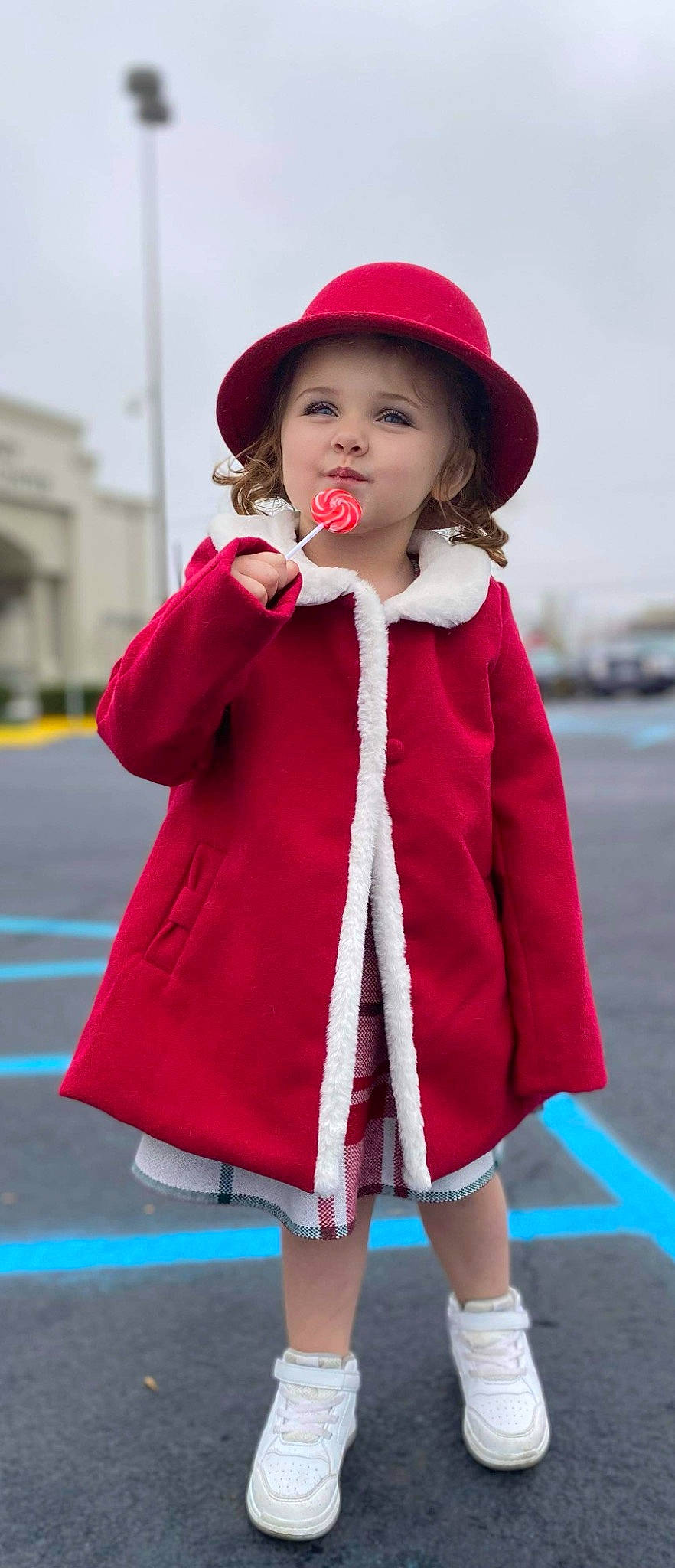 Jaiya joined the competition — help win amazing prizes! black, blue, dress, face, fashion, hair, hairstyle, hat, headgear, jacket, lip, neck, outerwear, person, pink, red, sleeve, standing, sun_hat, toddler