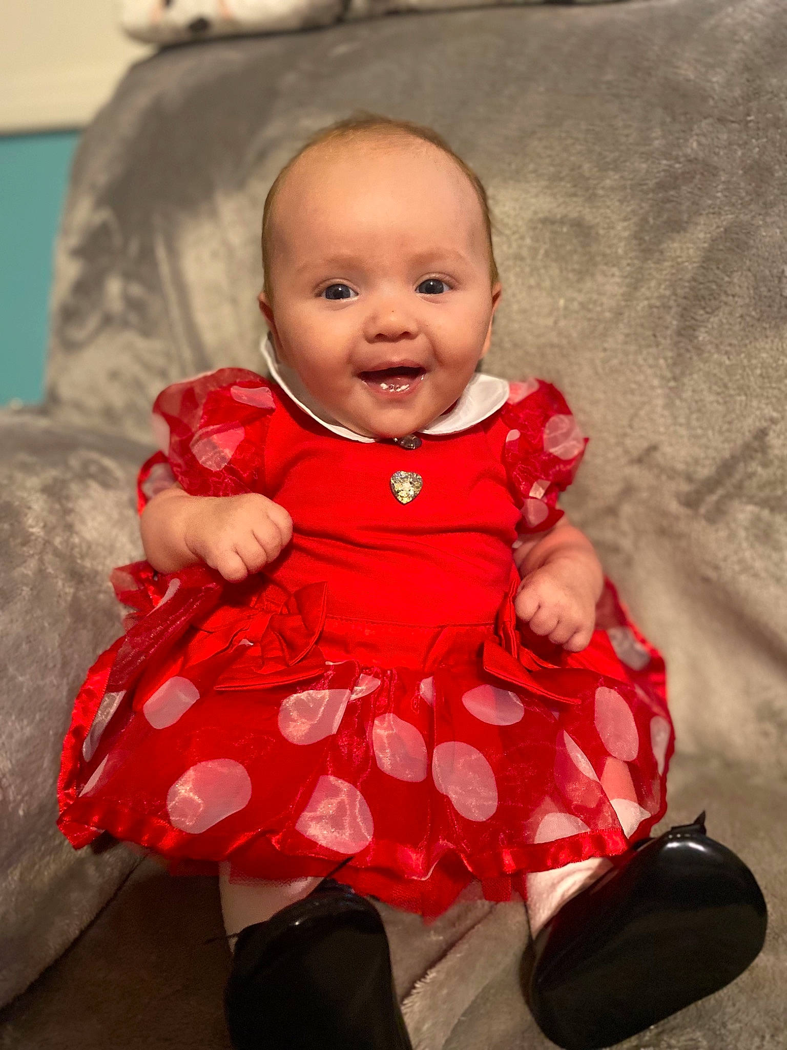 Bryleigh is registered to the contest to win money with this photo: baby, baby_toddler_clothing, cheek, child, dress, face, finger, fun, hairstyle, happy, head, iris, magenta, person, pink, sitting, skin, sleeve, smile, standing