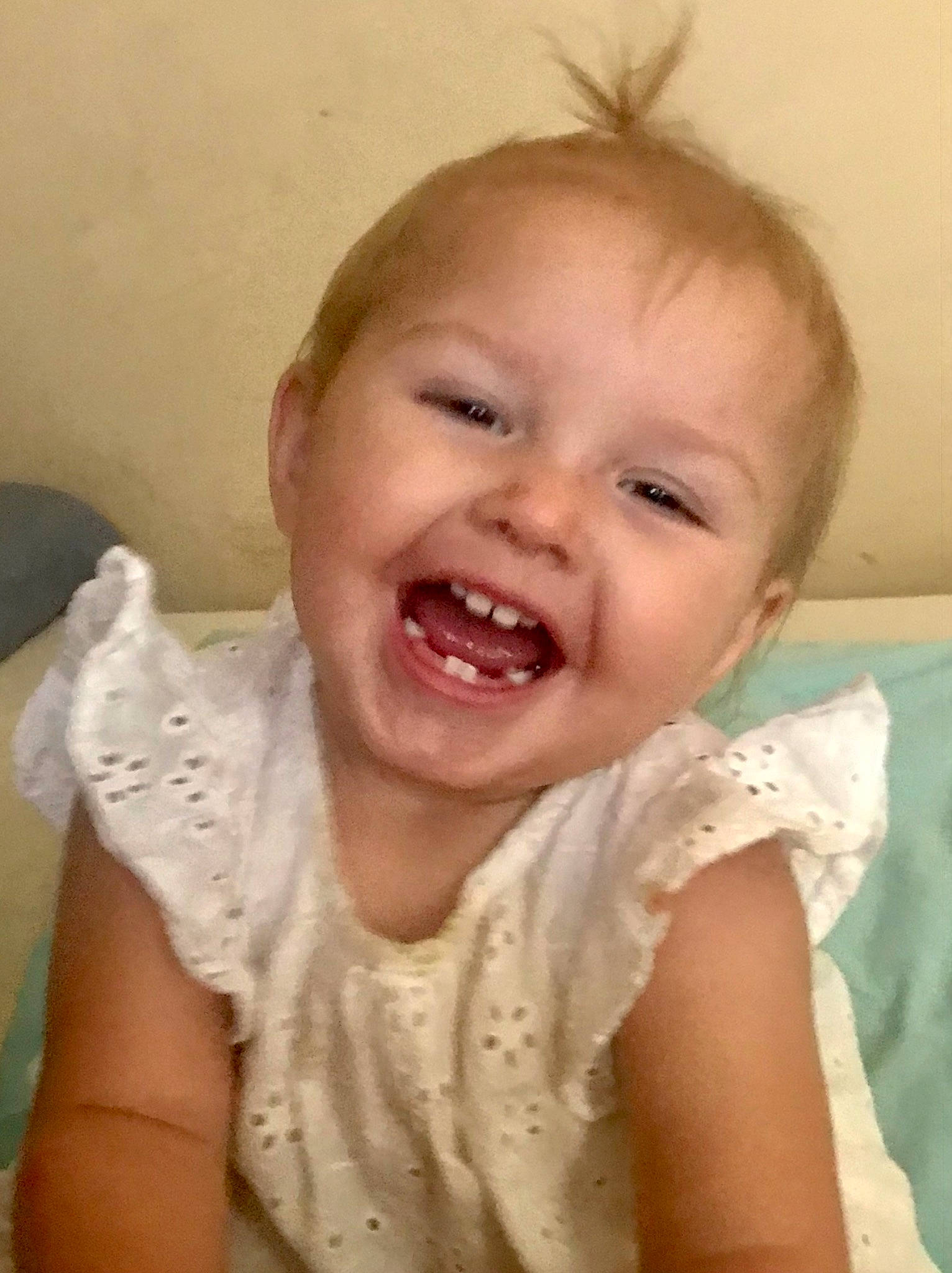 Aubree is registered to the contest to win money with this photo: baby, baby_toddler_clothing, cheek, ear, eye, eyelash, finger, gesture, happy, iris, jaw, joy, lip, mouth, nose, person, shout, skin, sleeve, smile