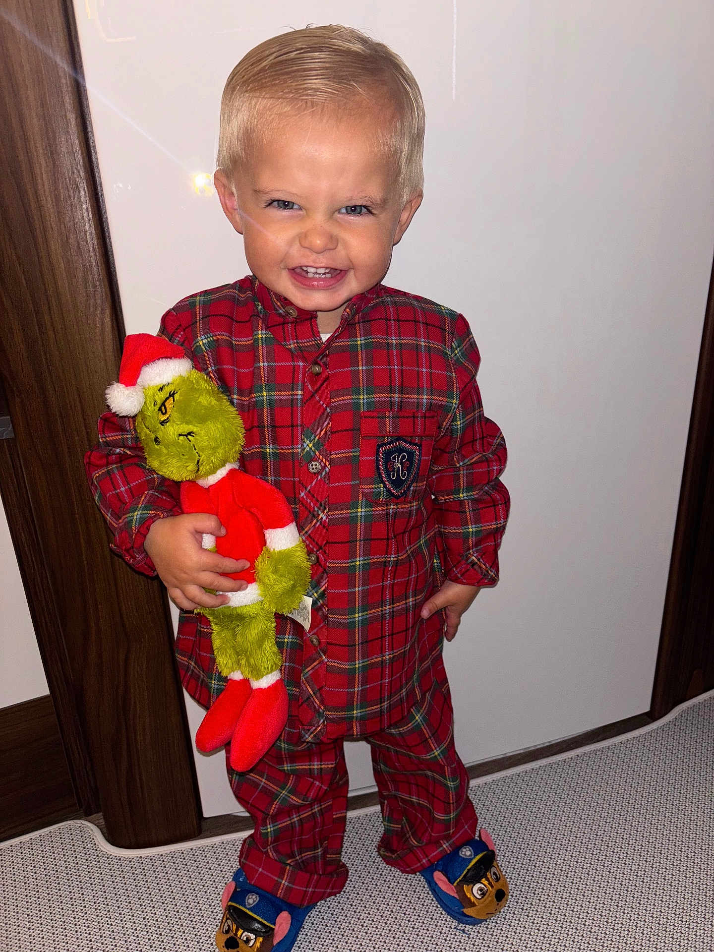 Nayte participe au concours pour gagner de l'argent avec cette photo : child, pajamas, plush_toy, grinch, red, blue, smile, indoor, carpet, door, wood, toy, footwear, cute, happy, person, clothing, standing, holiday, face