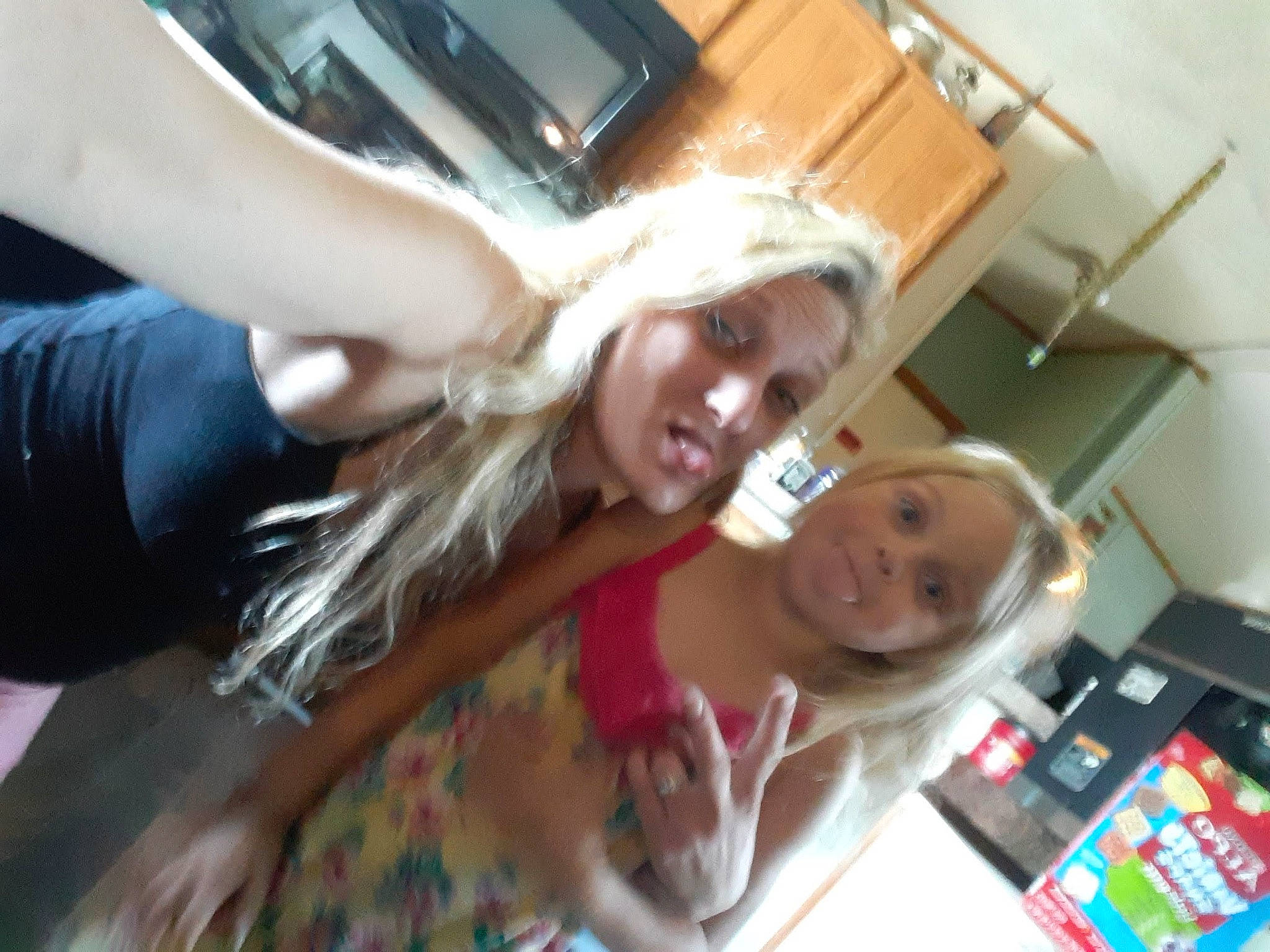 Cylee is registered to the contest to win money with this photo: abdomen, bangs, blond, chest, child, elbow, eyewear, finger, flooring, fun, gesture, happy, human_leg, mouth, person, room, smile, t_shirt, thigh, thumb