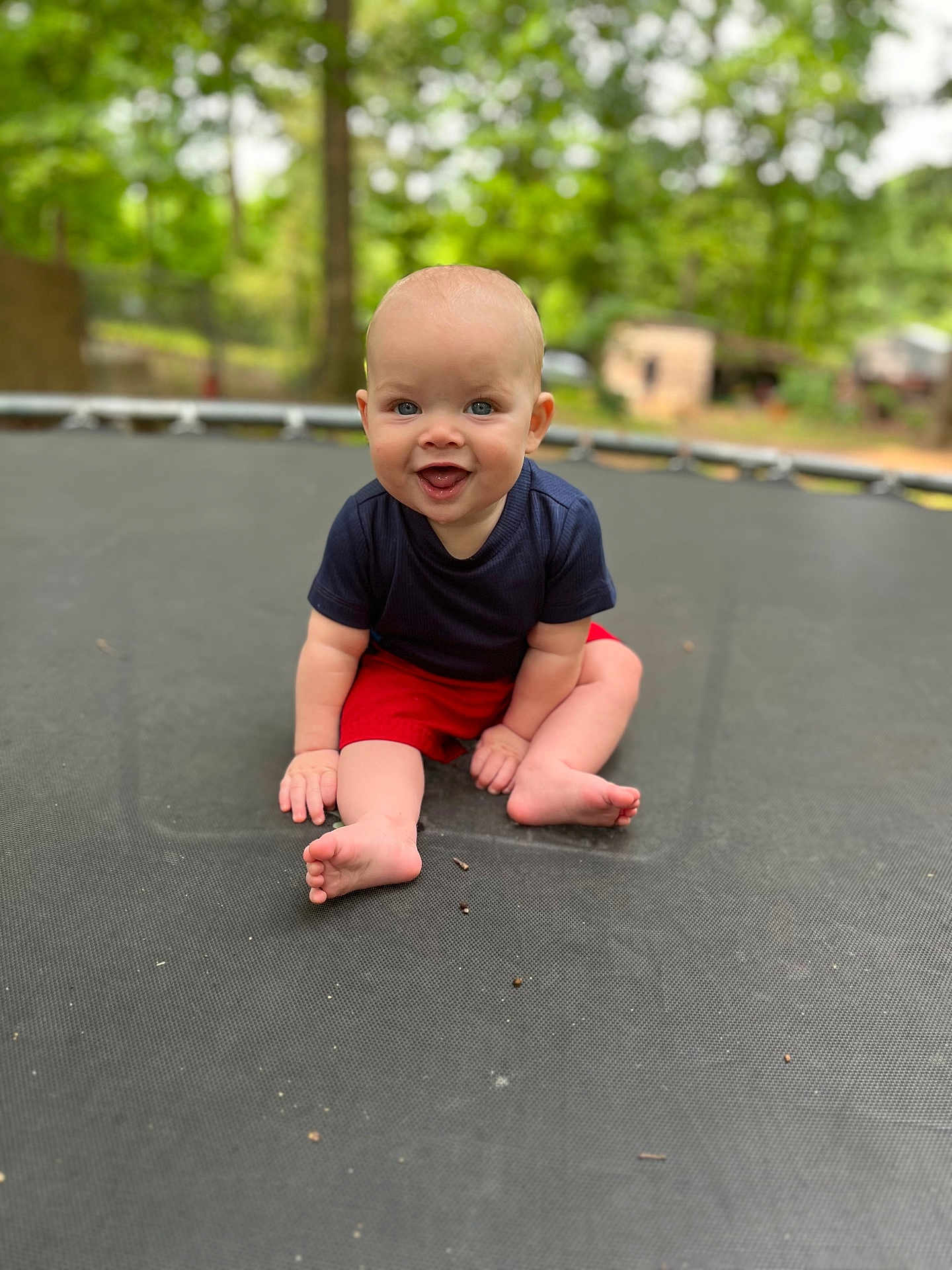 Blaze is registered to the contest to win money with this photo: baby, child, smiling, sitting, trampoline, outdoor, nature, greenery, forest, happy, blue_eyes, shorts, shirt, cute, infant, playful, portrait, feet, hands, summer