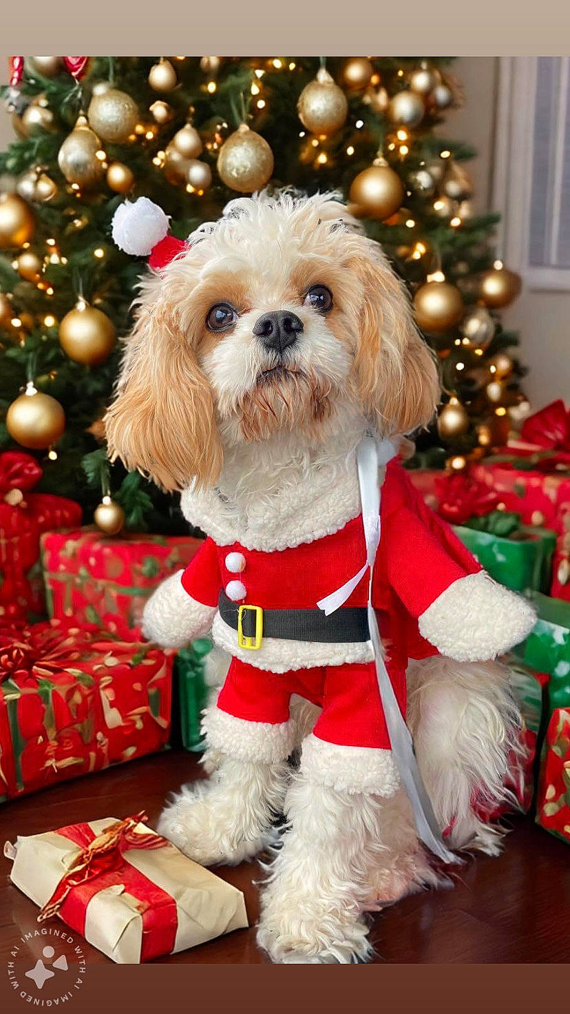 Bagel joined the competition — help win amazing prizes! carnivore, christmas, christmas_decoration, christmas_ornament, christmas_tree, collar, companion_dog, dog, dog_breed, dog_clothes, dog_collar, dog_supply, event, holiday, holiday_ornament, ornament, pet_supply, santa_claus, sporting_group, toy_dog