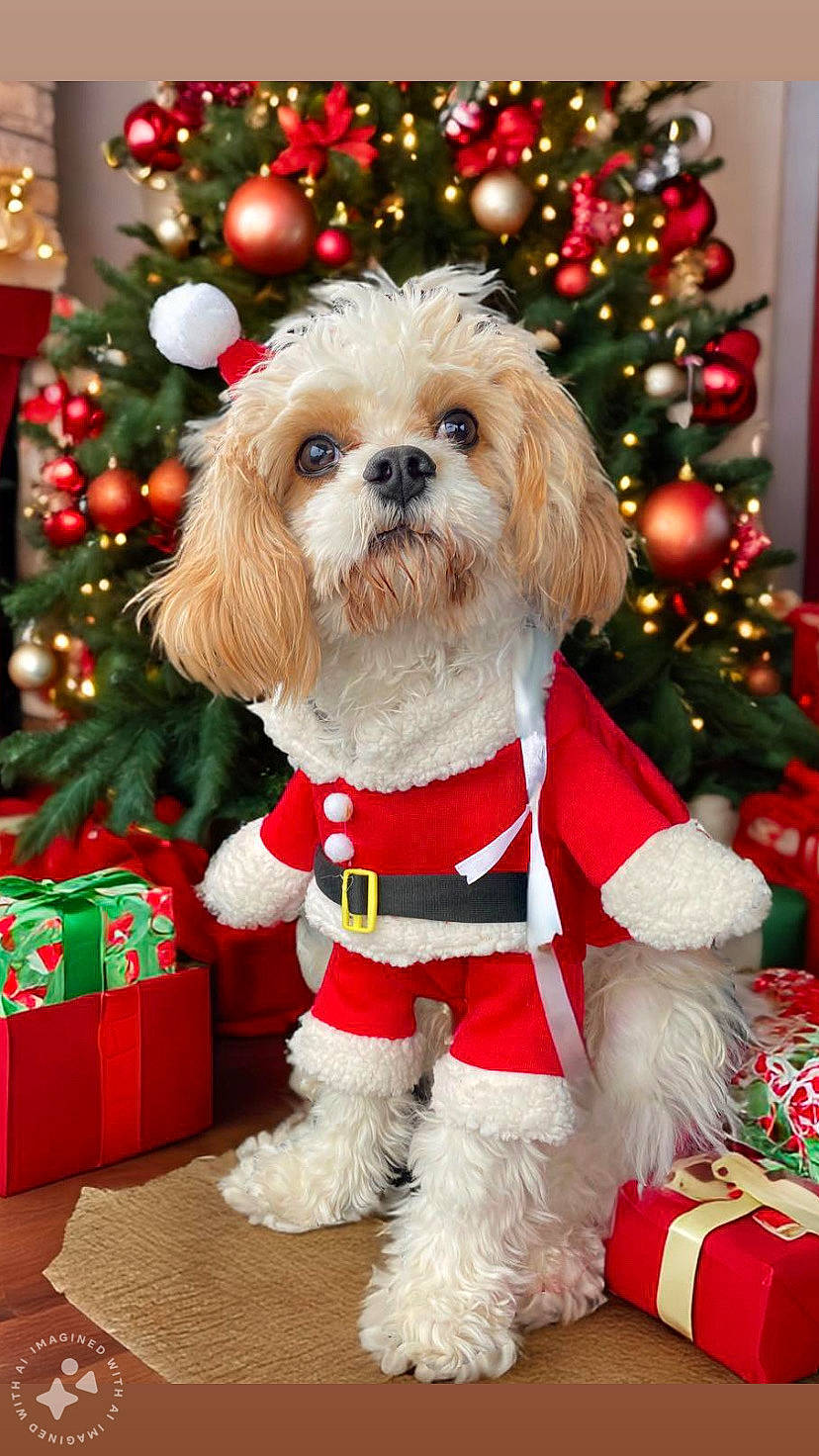 Bagel is registered to the contest to win money with this photo: carnivore, christmas, christmas_decoration, christmas_ornament, christmas_tree, collar, companion_dog, dog, dog_breed, dog_clothes, dog_supply, event, holiday, holiday_ornament, mammal, ornament, pet_supply, santa_claus, toy_dog, vertebrate